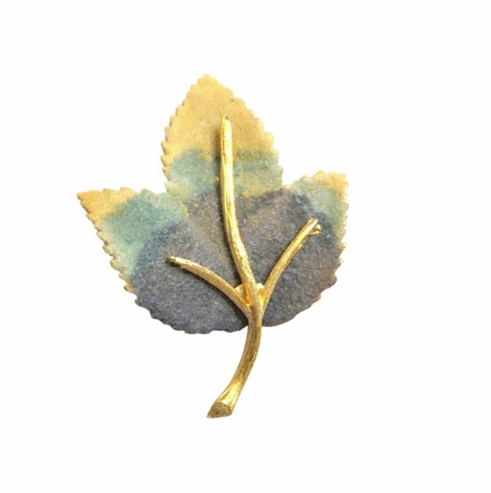 Signed Vintage BSK‎ Leaf Brooch – Gold-Tone Stem with Velvet Texture – 2.5" x 2"